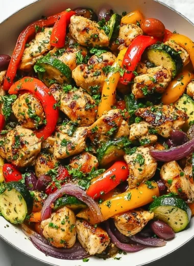 Colorful Mediterranean Chicken Stir Fry served in a skillet with fresh vegetables.