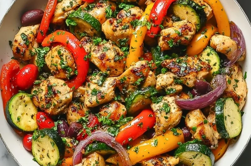 Colorful Mediterranean Chicken Stir Fry served in a skillet with fresh vegetables.