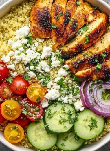 Mediterranean Lemon Chicken Bowls with fresh vegetables and herbs