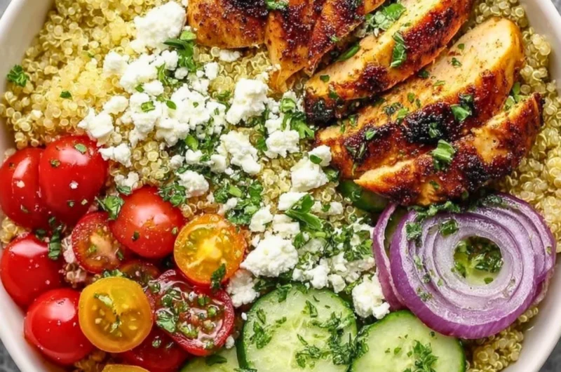 Mediterranean Lemon Chicken Bowls with fresh vegetables and herbs
