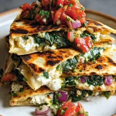 Mediterranean Quesadillas with spinach, feta, mozzarella, and red onion on a plate.