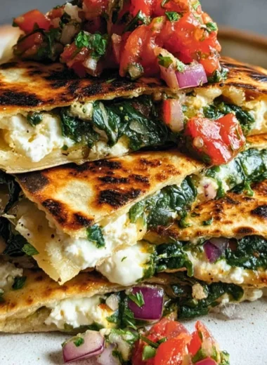 Mediterranean Quesadillas with spinach, feta, mozzarella, and red onion on a plate.