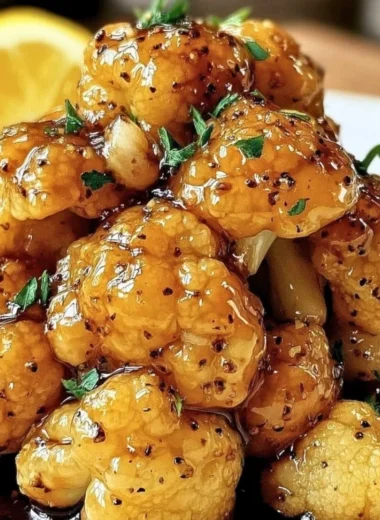 Vegan lemon pepper cauliflower dish served with a tasty glaze