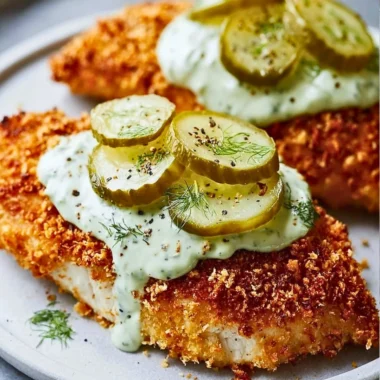 Parmesan Chicken seasoned with dill pickle flavors garnished with fresh herbs.