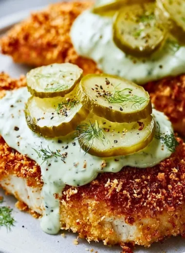 Parmesan Chicken seasoned with dill pickle flavors garnished with fresh herbs.