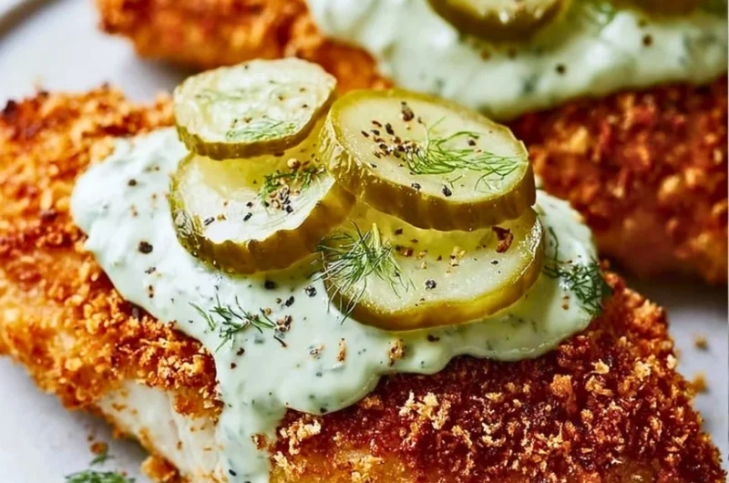 Parmesan Chicken seasoned with dill pickle flavors garnished with fresh herbs.