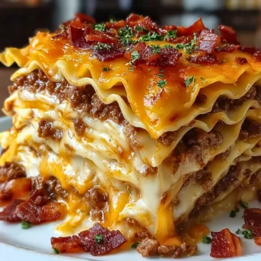 Delicious Parmesan Garlic Bacon Cheeseburger Lasagna with rich layers