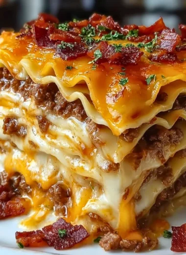 Delicious Parmesan Garlic Bacon Cheeseburger Lasagna with rich layers