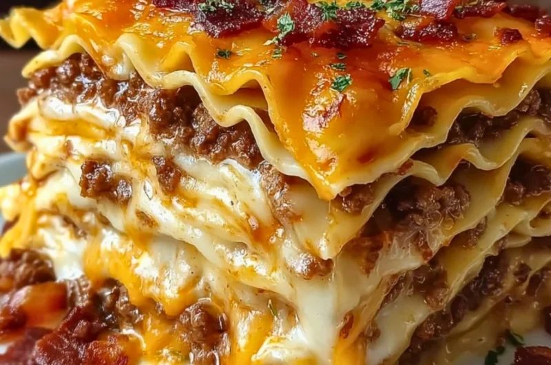 Delicious Parmesan Garlic Bacon Cheeseburger Lasagna with rich layers