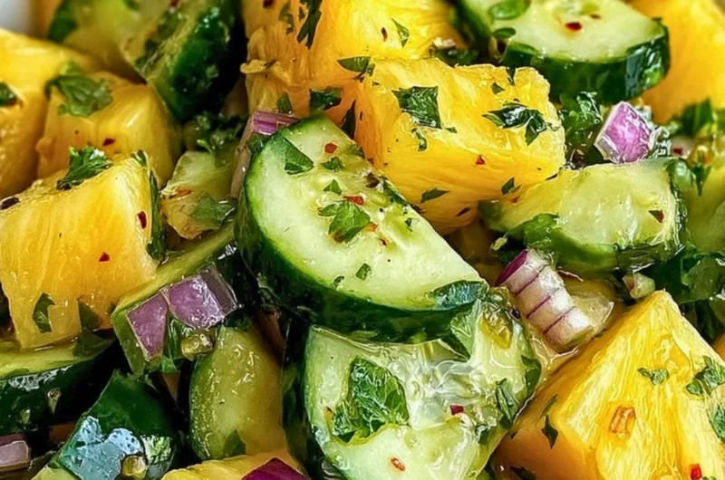 Freshly prepared Pineapple Cucumber Salad with vibrant colors and healthy ingredients.