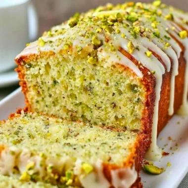 Sliced Pistachio Lemon Bread with lemon zest and pistachios on a wooden board.
