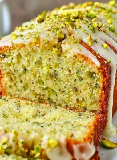 Sliced Pistachio Lemon Bread with lemon zest and pistachios on a wooden board.