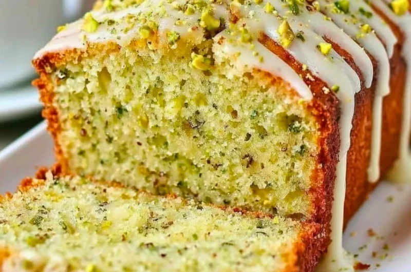 Sliced Pistachio Lemon Bread with lemon zest and pistachios on a wooden board.