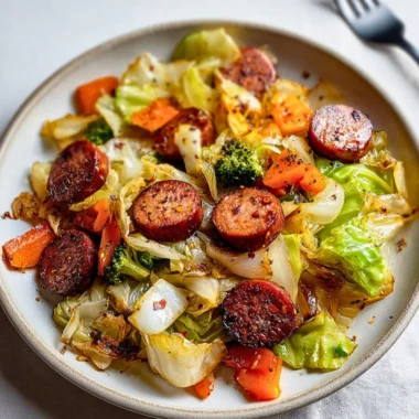 Sausage and Cabbage Stir Fry served in a bowl with colorful veggies