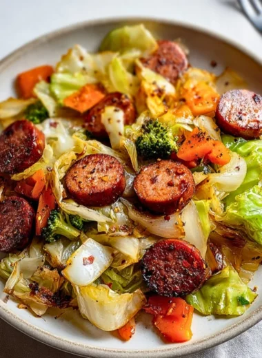 Sausage and Cabbage Stir Fry served in a bowl with colorful veggies