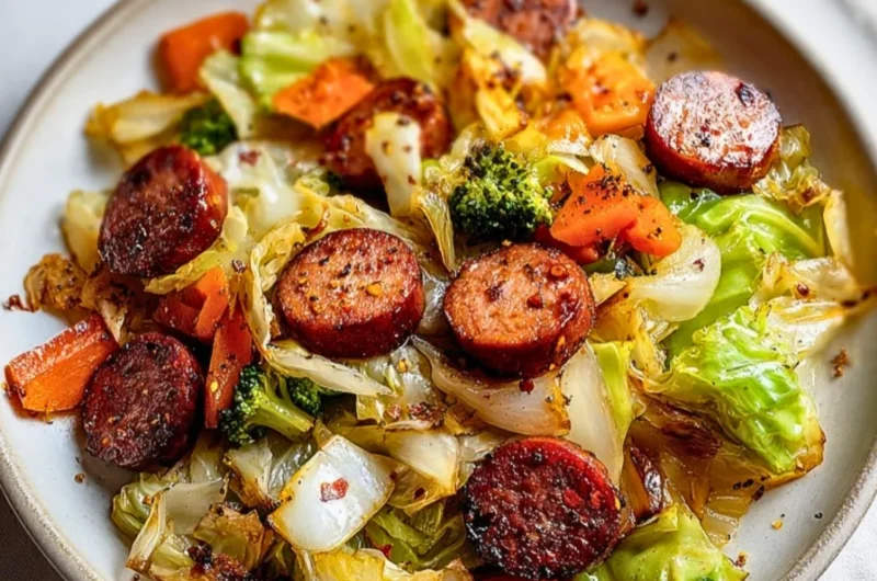Sausage and Cabbage Stir Fry served in a bowl with colorful veggies