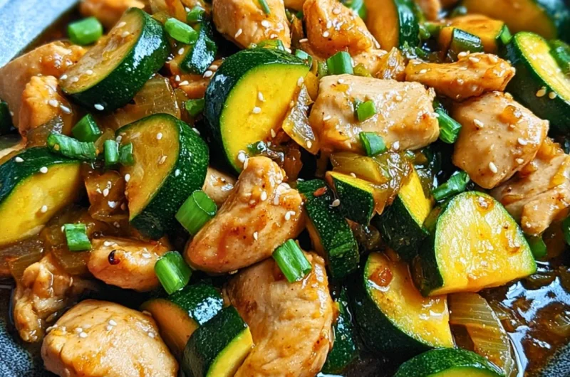Simple chicken zucchini stir fry with colorful vegetables in a pan