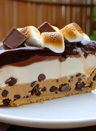 S'mores Cookie Dough Pie with chocolate, marshmallows, and graham cracker crust