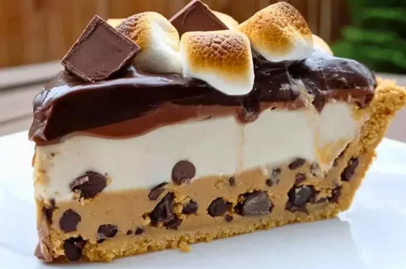 S'mores Cookie Dough Pie with chocolate, marshmallows, and graham cracker crust