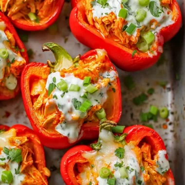 Spicy Buffalo Chicken Stuffed Peppers garnished with green onions