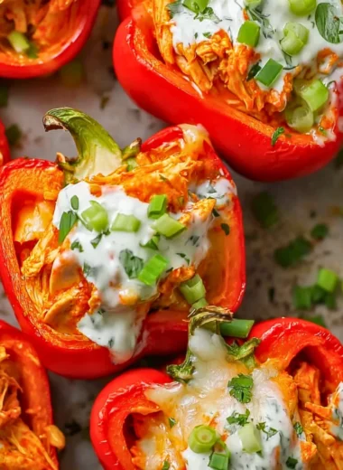 Spicy Buffalo Chicken Stuffed Peppers garnished with green onions