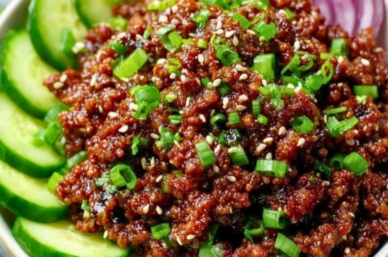 Spicy Keto Korean Beef served with a fresh cucumber salad for a low-carb meal