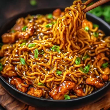 Plate of sticky garlic chicken noodles garnished with green onions