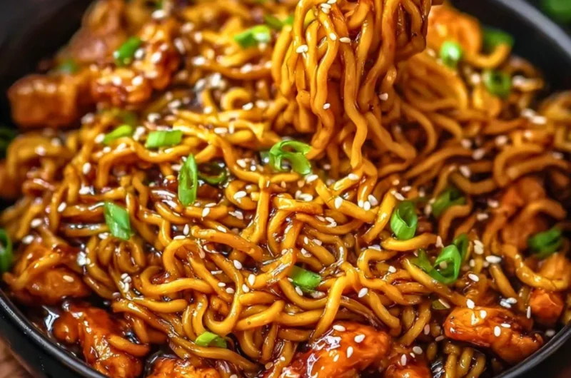 Plate of sticky garlic chicken noodles garnished with green onions