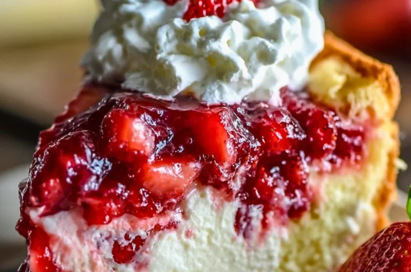 A freshly baked Strawberry Earthquake Cake topped with strawberries and cream.