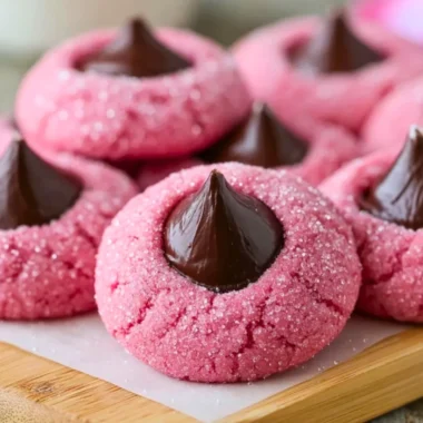 Delicious Strawberry Kiss Cookies with a strawberry on top.