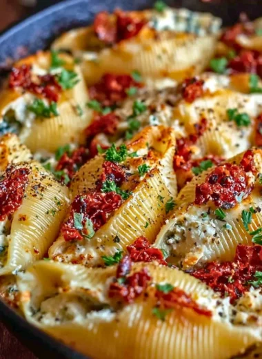 Sun-dried tomato ricotta stuffed shells served on a plate