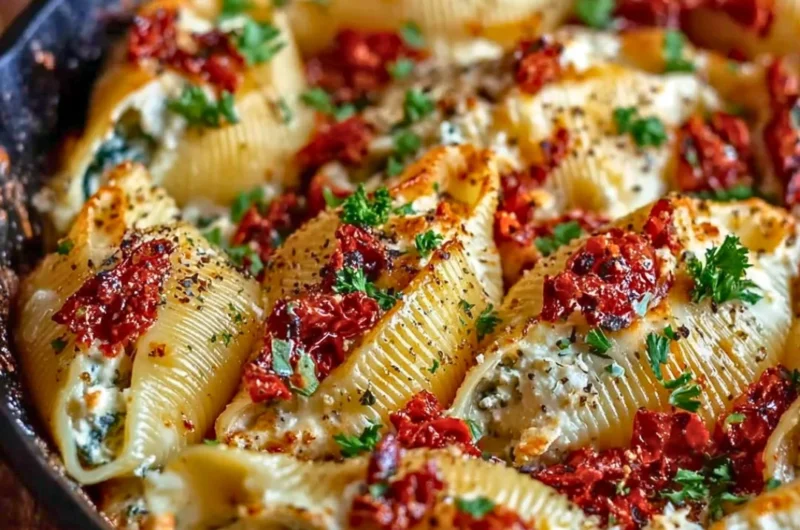 Sun-dried tomato ricotta stuffed shells served on a plate