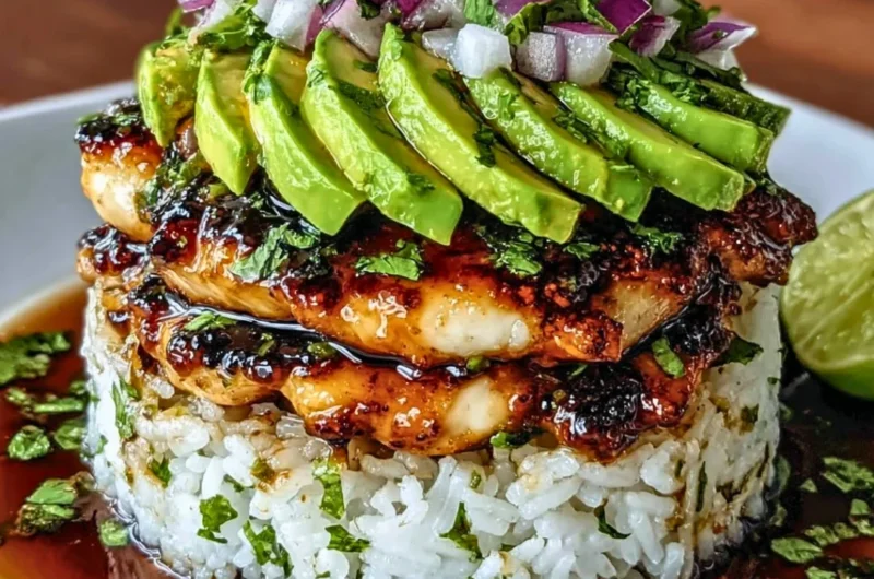 An enticing plate of Honey Lime Chicken and avocado rice stack garnished with lime.