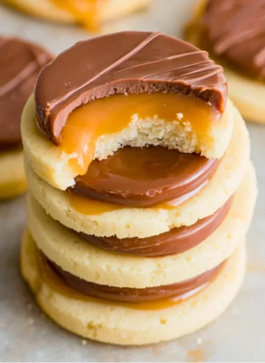 Homemade Twix cookies topped with chocolate and caramel on a plate.