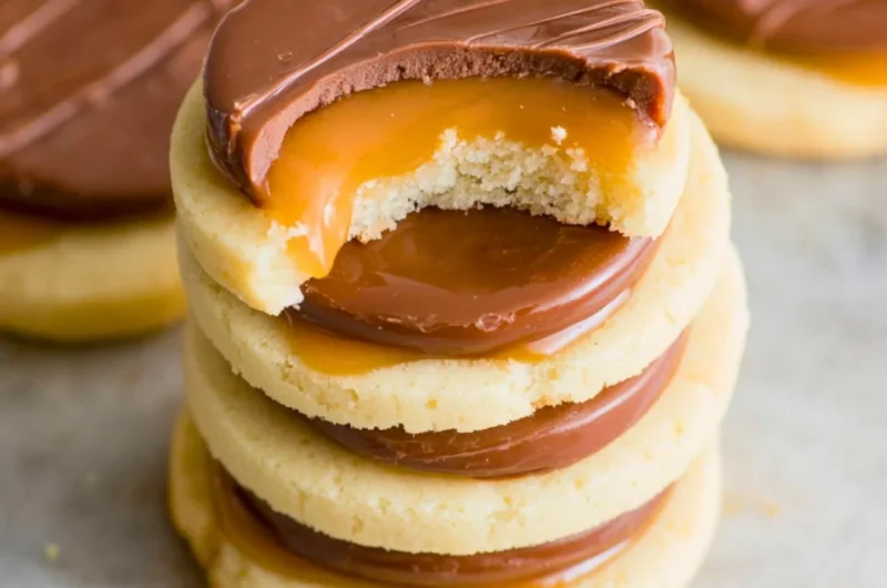 Homemade Twix cookies topped with chocolate and caramel on a plate.