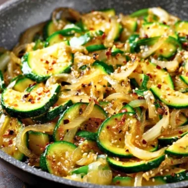 Umami zucchini stir fry with colorful vegetables in a pan