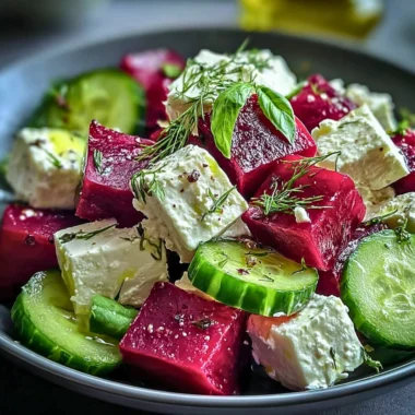 Vibrant beet salad topped with feta cheese and cucumbers for a fresh flavor