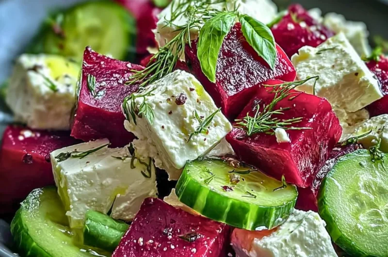 Vibrant beet salad topped with feta cheese and cucumbers for a fresh flavor