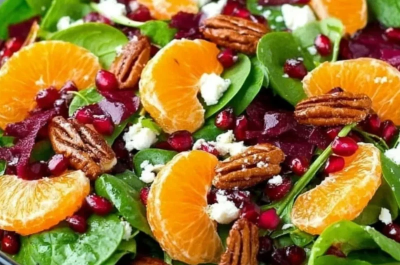 Colorful winter salad with seasonal ingredients like kale, pomegranate, and walnuts.