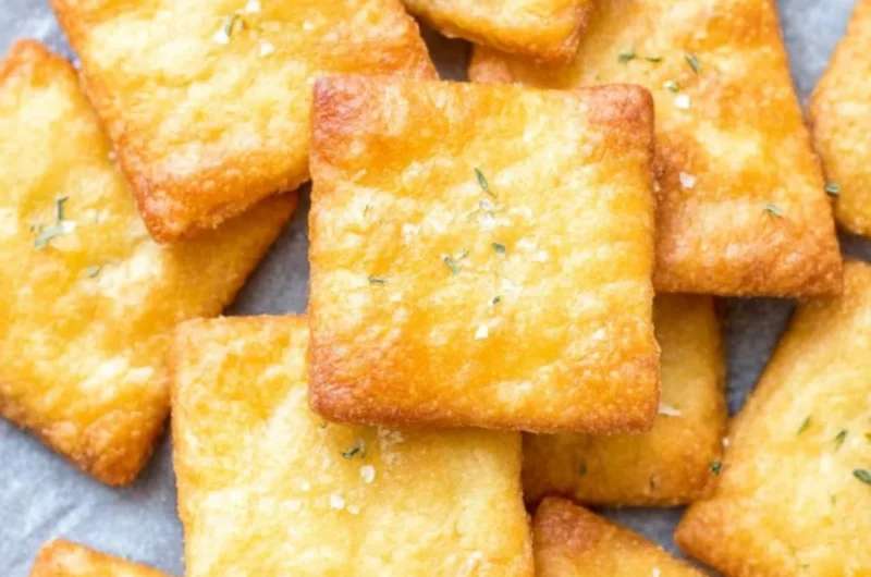 Homemade 2 ingredient keto crackers on a wooden board