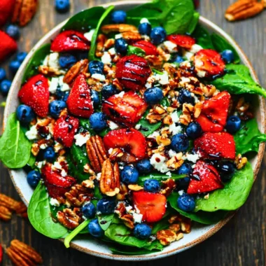 Delicious strawberry spinach salad with fresh strawberries and greens