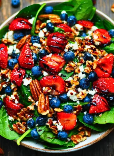 Delicious strawberry spinach salad with fresh strawberries and greens