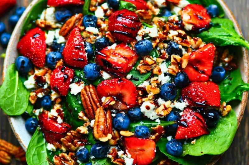 Delicious strawberry spinach salad with fresh strawberries and greens