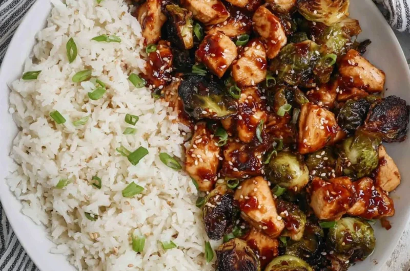 Crispy Air Fried Chicken breast with roasted Brussels sprouts on a plate