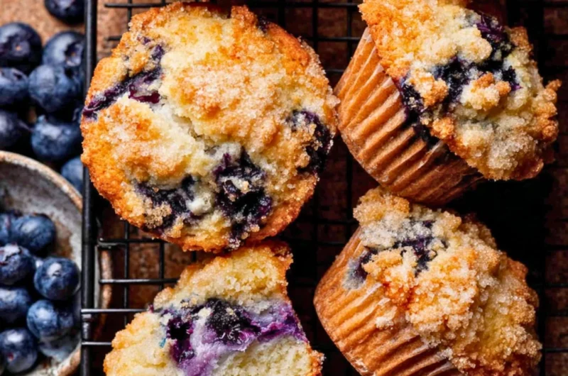 Freshly baked bakery style blueberry muffins on a cooling rack