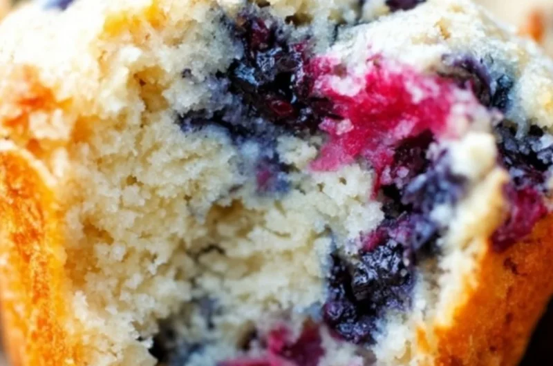 Bakery style mixed berry muffins with colorful frozen berries