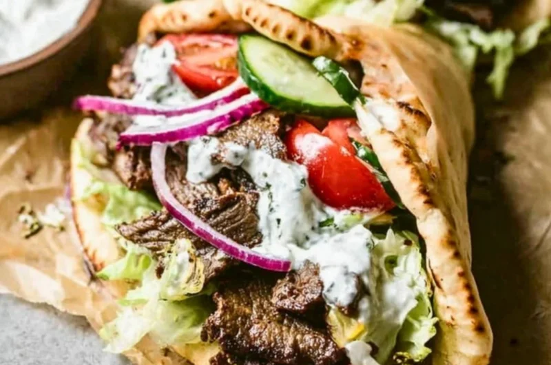 Homemade Beef Gyros served with fresh vegetables and tzatziki sauce