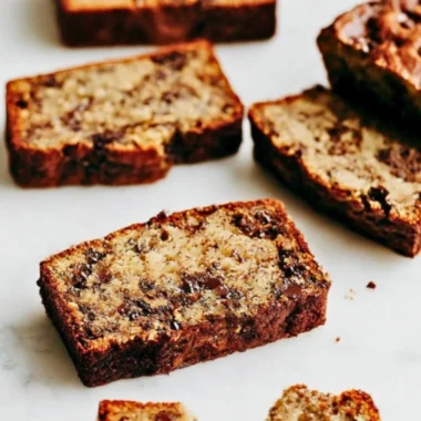 Delicious slice of best chocolate chip banana bread with chocolate chips