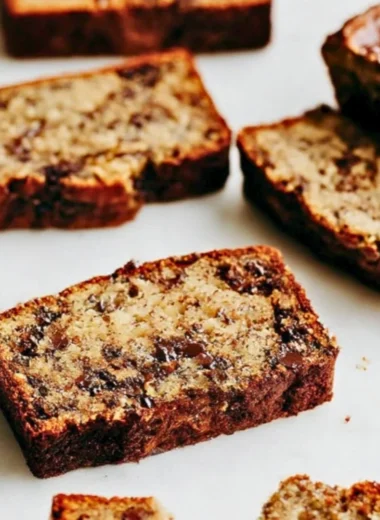 Delicious slice of best chocolate chip banana bread with chocolate chips