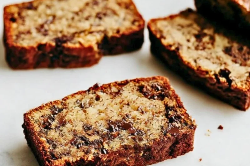 Delicious slice of best chocolate chip banana bread with chocolate chips